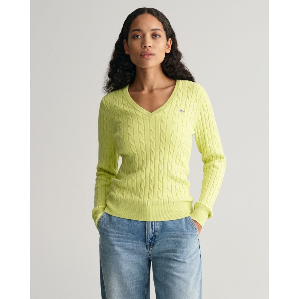 Stretch Cotton Cable Knit V-Neck Sweater
