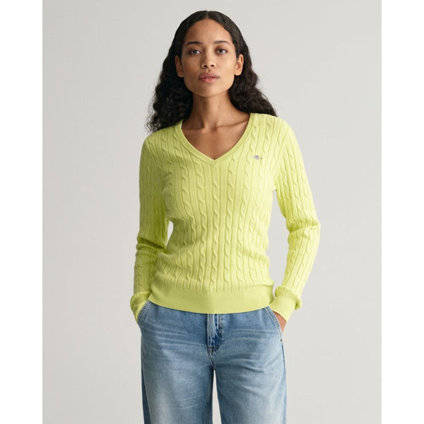 Stretch Cotton Cable Knit V-Neck Sweater