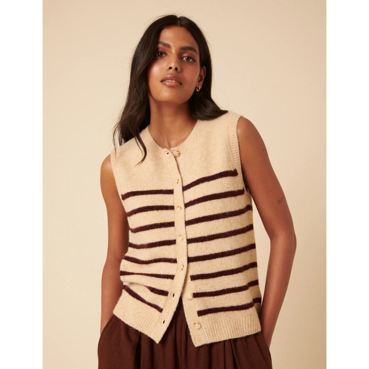 Beige Striped Button Through Vest