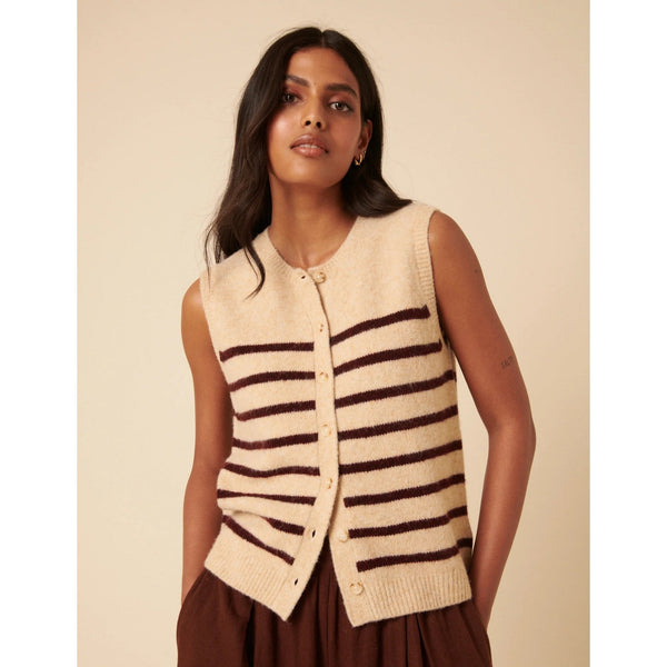 Beige Striped Button Through Vest