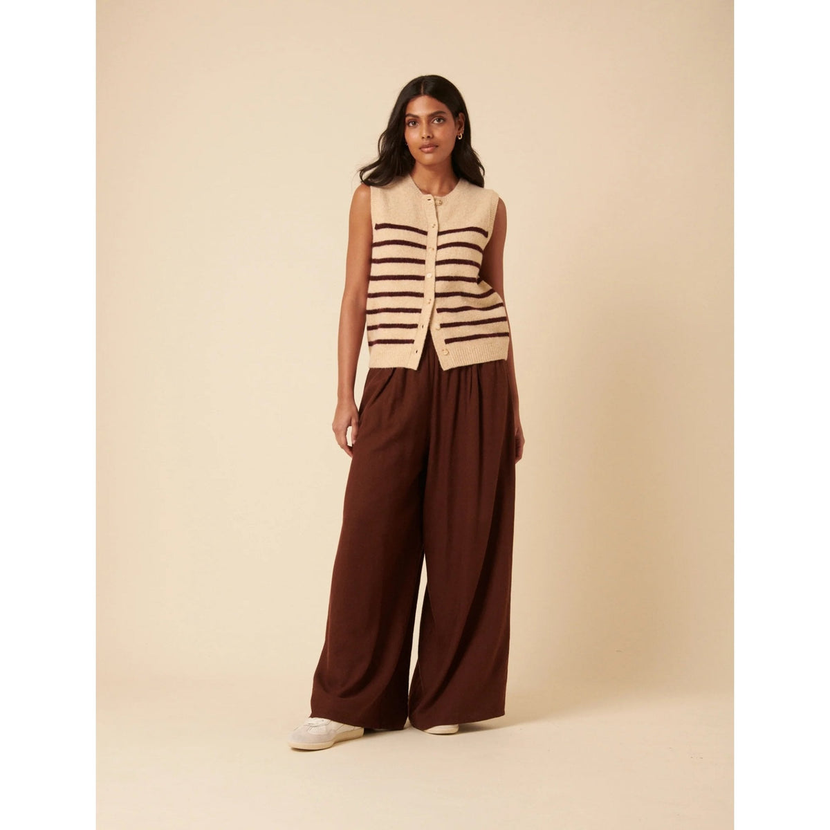 Beige Striped Button Through Vest