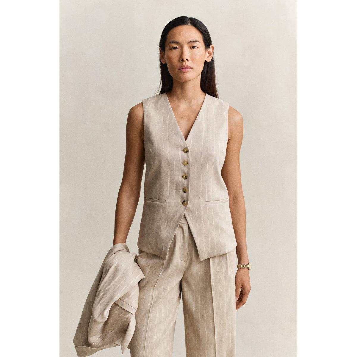 Pinstriped Linen Blend Vest