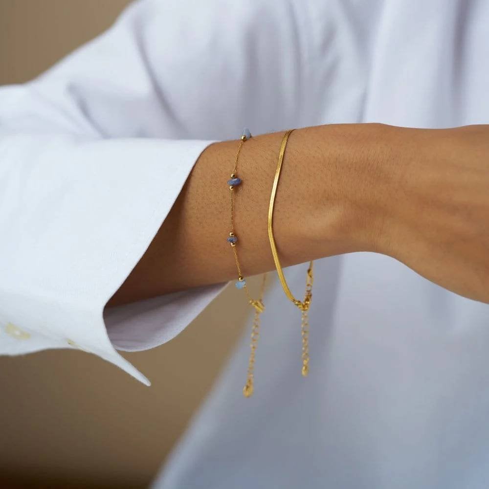Semi-Precious Sodalite Chip & Snake Chain 2-Row Bracelet